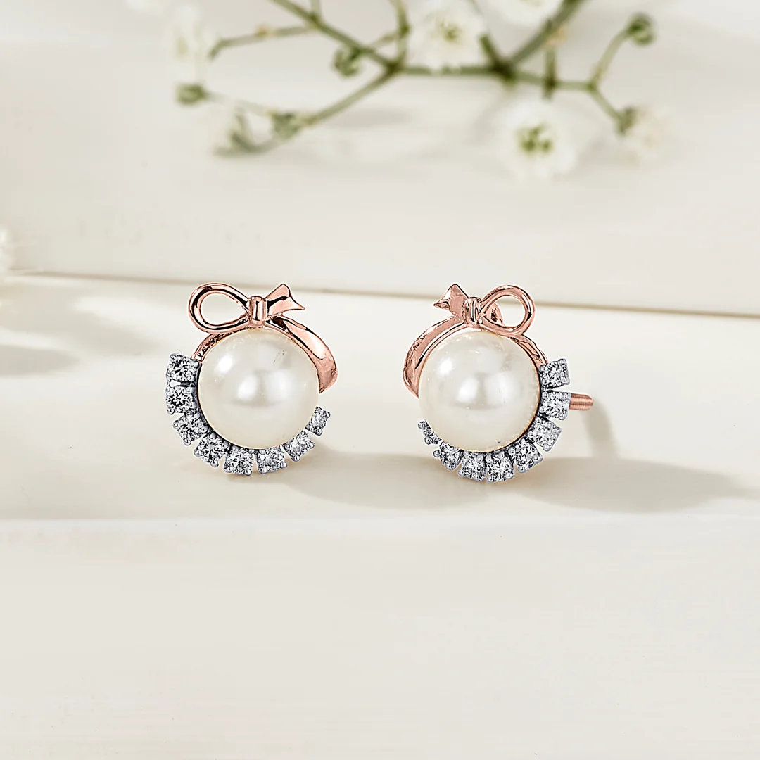 Snow Pearl Gold & Diamond Stud Earring For Women
