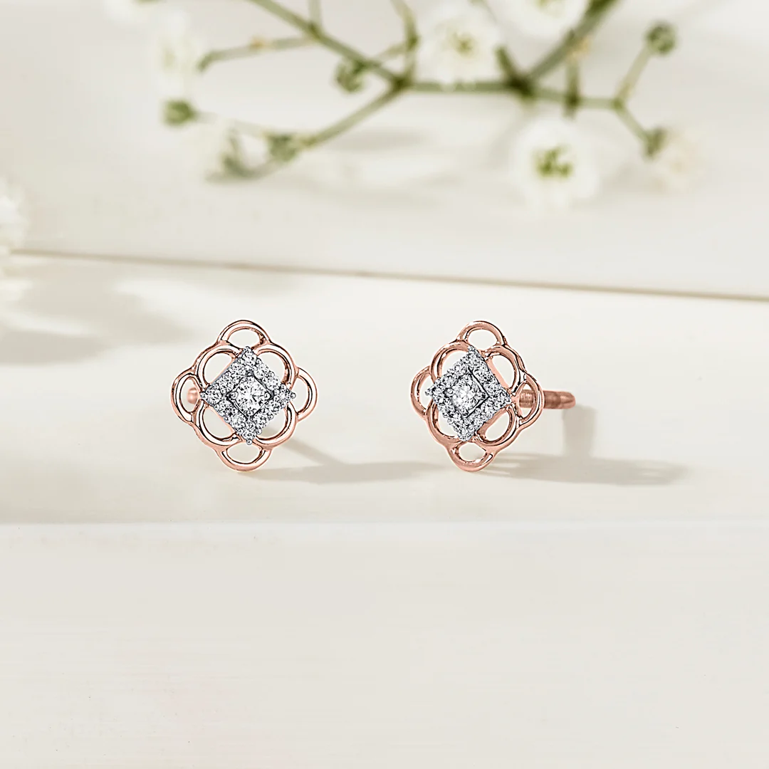 Square Statement Gold & Diamond Stud Earring For Women