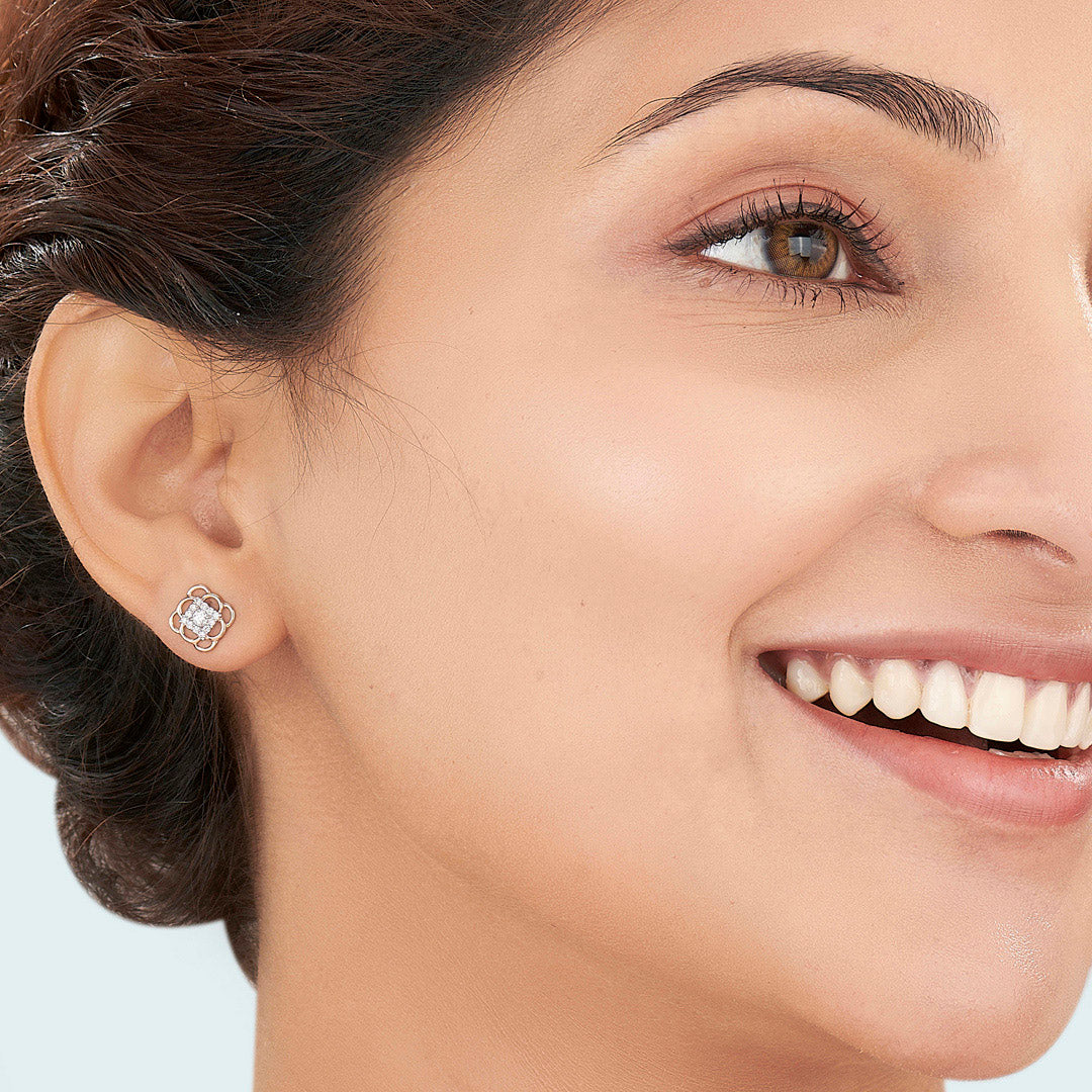 Square Statement Gold & Diamond Stud Earring For Women - Image 2