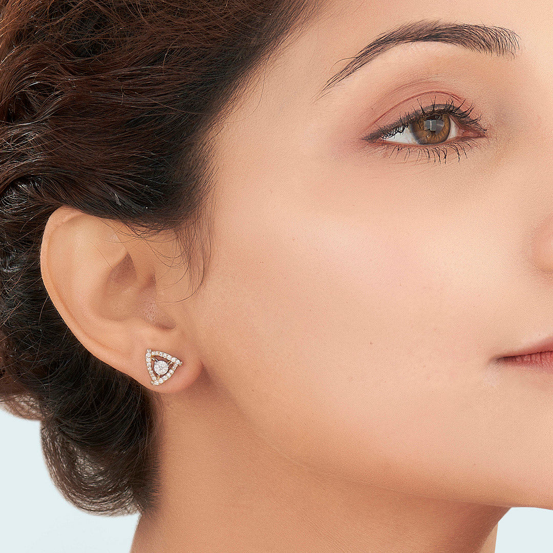 Stylish Triad Gold & Diamond Stud Earring For Women - Image 2